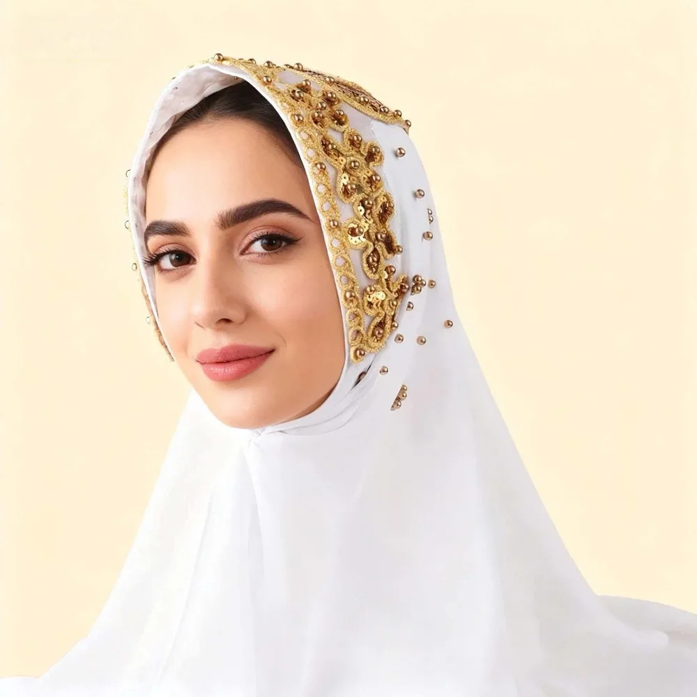 

Headwraps Silk Pearl Chiffon Hijab Scarf Gold Beads Long Women Headscarf Wide Ethnic Style Sequin Wraps Shawl Party