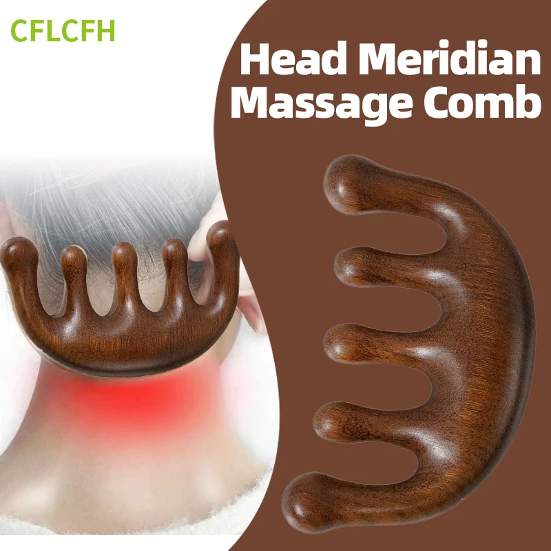 Massage Comb Head Scalp Gua Sha Acupoint Massager Comb Body Acupuncture Therapy Sandalwood Wooden 5-Tooth Meridian Tool