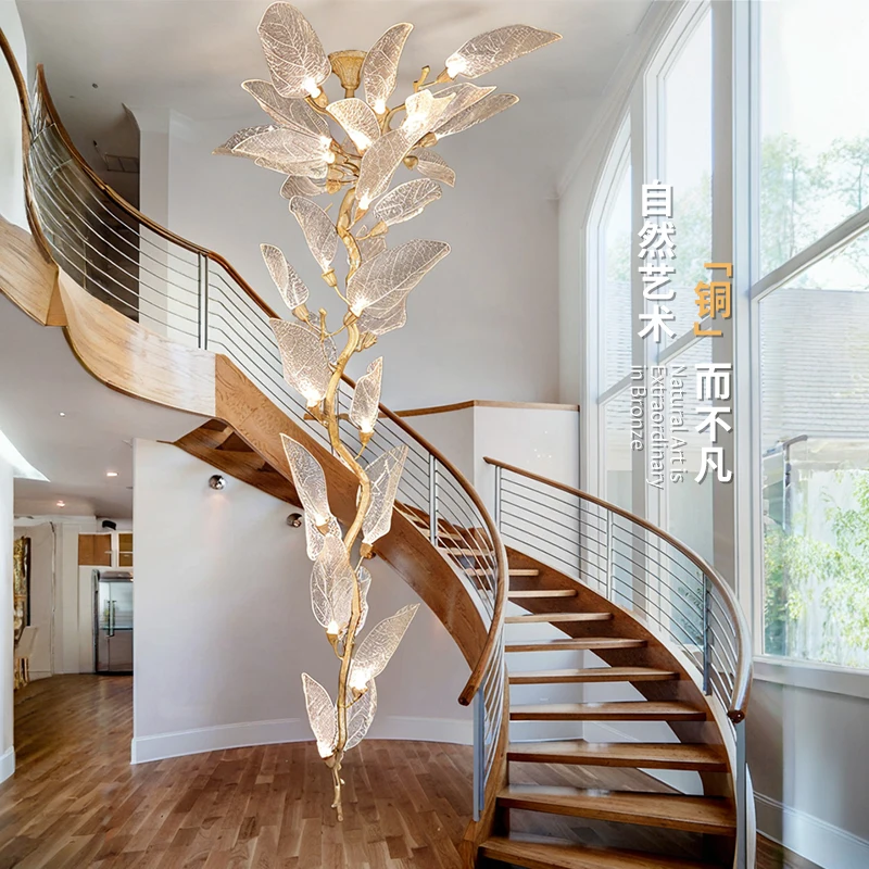Luxury Resin Leaf Ceiling Chandelier For Staircase Vila Hotel Copper Leaf Pendant Chandelier Living Room Ceiling Lamp Restaurant