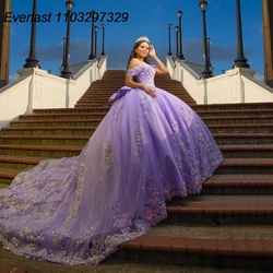 EVLAST Lavender Quinceanera Dress Ball Gown 3D Flowers Applique Beading Crystals Bow Corset Sweet 16 Vestido De 15 Anos TQD618