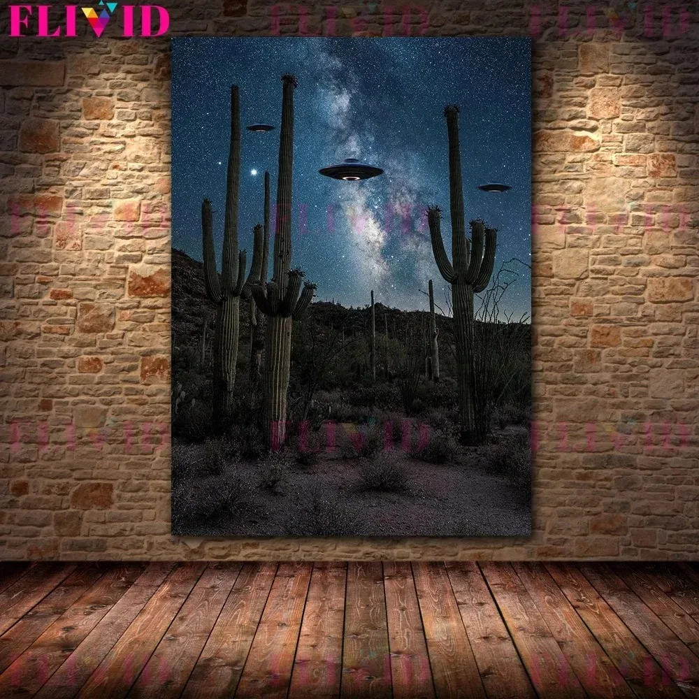 Mysterious UFO Descends To Earth Retro Mural Canvas Painting Ufu Alien Event Art Poster Printing Home School Decoration