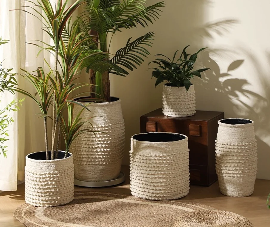 

2026 Garden Planter DesignCustomizable Unique Woven Pattern Embossed Design Plant Pots Home Decorative Fiber Clay Planter Flower