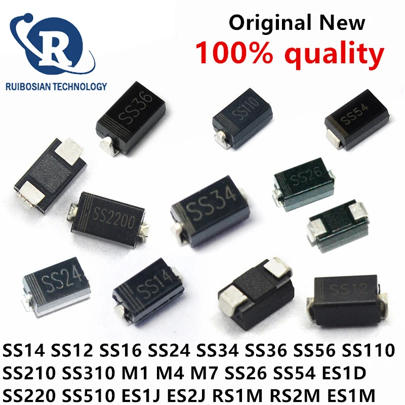 100pcs SMA 1N5819 do-214ac SS14 SS12 SS16 SS24 SS34 SS36 SS56 SS110 SS210 SS310 SS54 SS26 M1 M4 M7 RS1M US1M ES1J ES1D RS2M ES1M