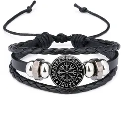 Vintage Viking Compass Trinity Bracelet Nordic Rune Odin Pattern Punk Leather Bracelet Fashion Men'S Jewelry Amulet Gift