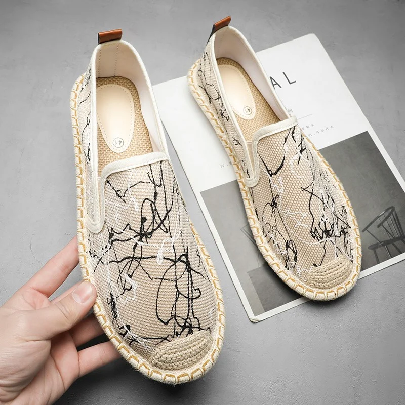 2023 New Classic White Men\'s Fisherman Loafers Fashion Print Canvas Shoes Man Flats Espadrilles Breathable Male Summer Footwear