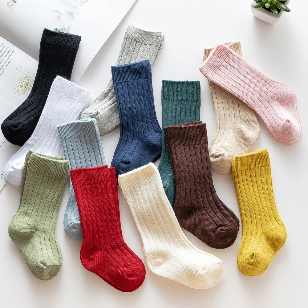 Spain Stripe Style Double 2022 New Needle Knee High Long Solid 13-colors Loose Socks for Baby Girl Boys Newborns Cheap Clothes