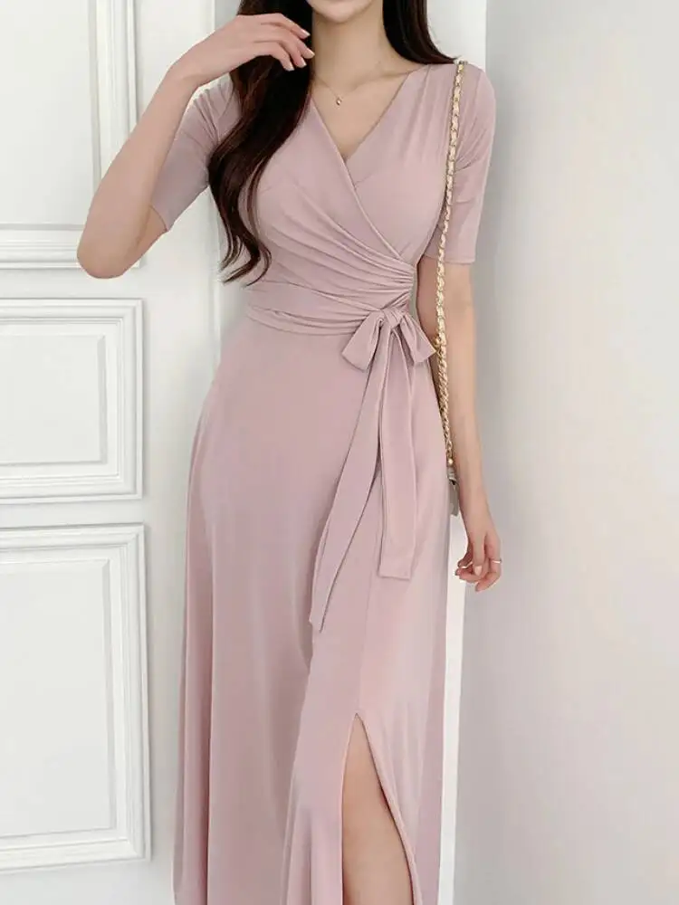 المرأة أنيقة مكتب فستان طويل الصيف مثير الخامس الرقبة قصيرة الأكمام عالية الخصر ضمادة فساتين السيدات الصلبة عادية الكورية رداء طويل