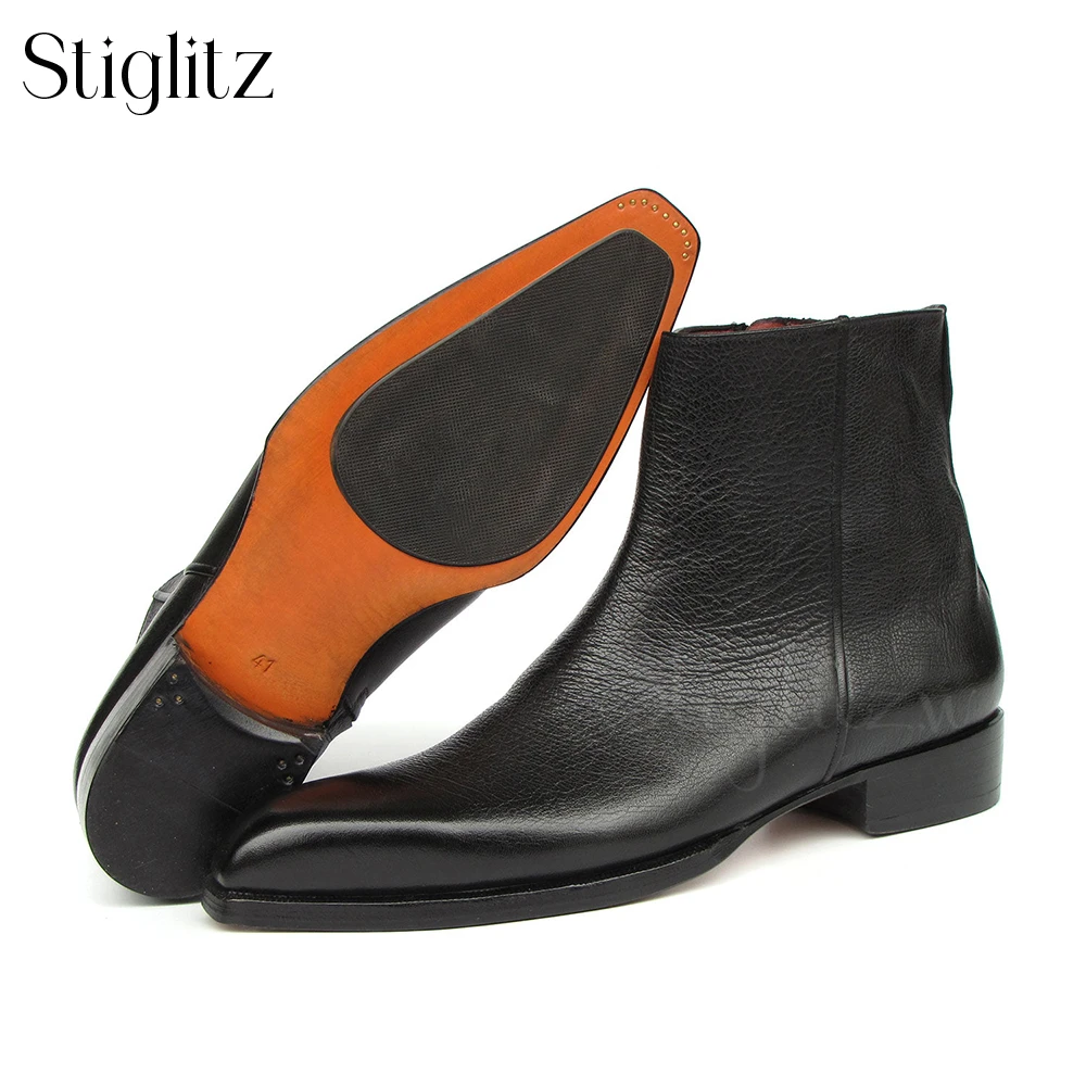 Black Leather Side Zipper Boots Classic Concise Style Ankle Boots for Men Genuine Leather Handmade Shoes for Wedding and Parties