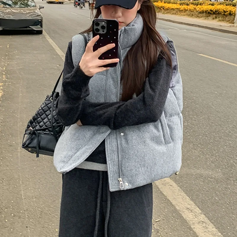 Stand Collar Zipper Vest Jacket Black Gray Waistcoat Short Down Cotton Vest Women Autumn Winter New Korean Fashion Sleeveless
