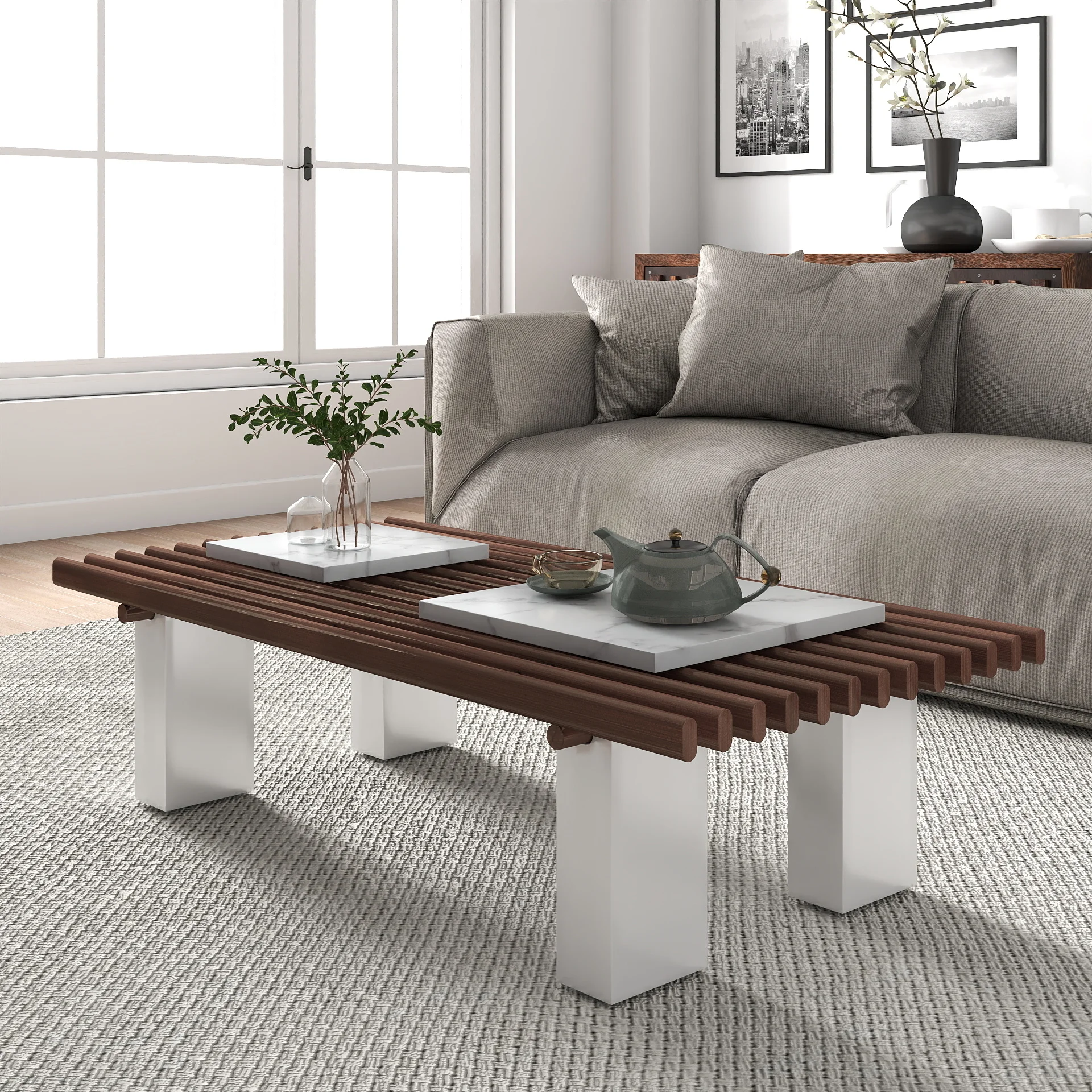 Voxhome Modern Design Coffee Table Luxury Rectangular Grid Pattern Design and Coffee Table Rectangle Center Table Set