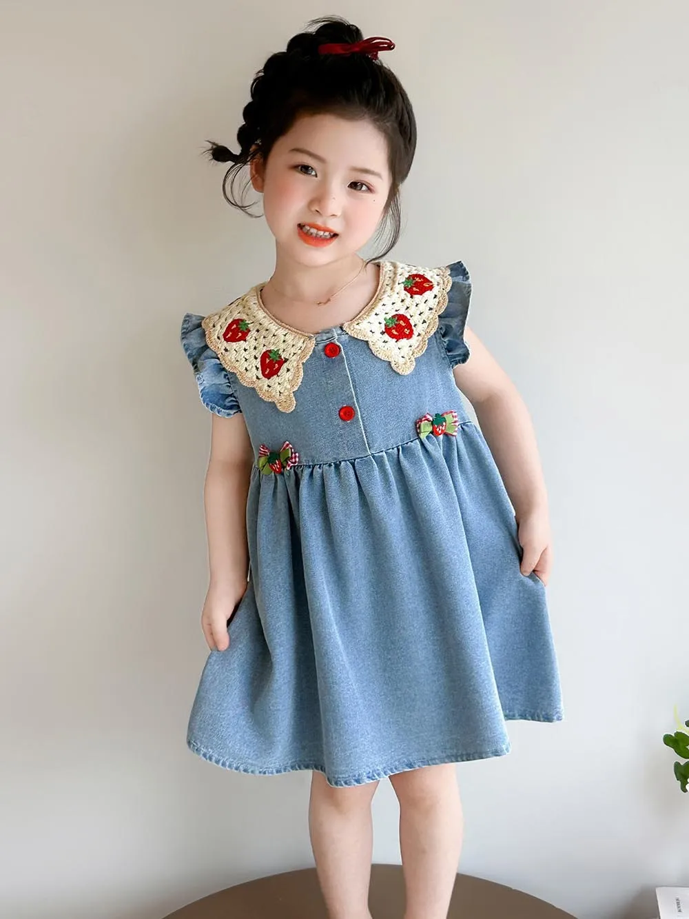Summer Girls' Denim Dress Strawberry Embroidered Doll Collar Princess Dresses High Waist Slim A-line Cowboy Vestidos