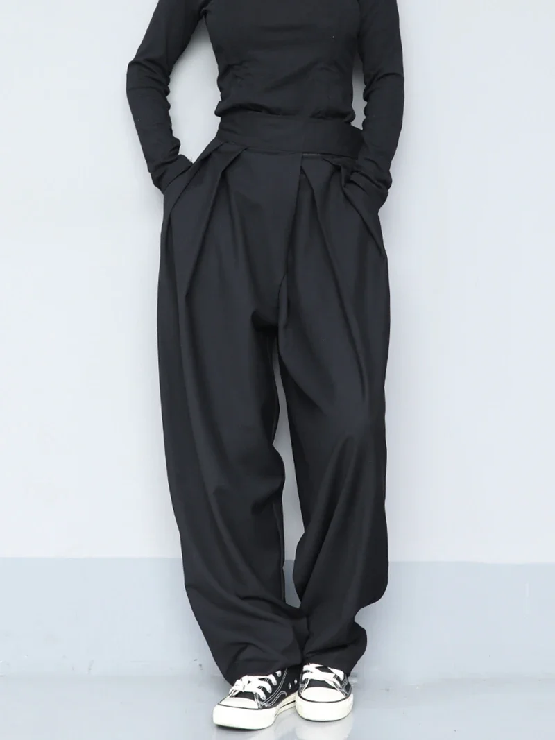 2023 High Waist Black Brief Pleated Long Wide Leg Trousers New Loose Fit Pants Women Fashion Tide Spring Autumn