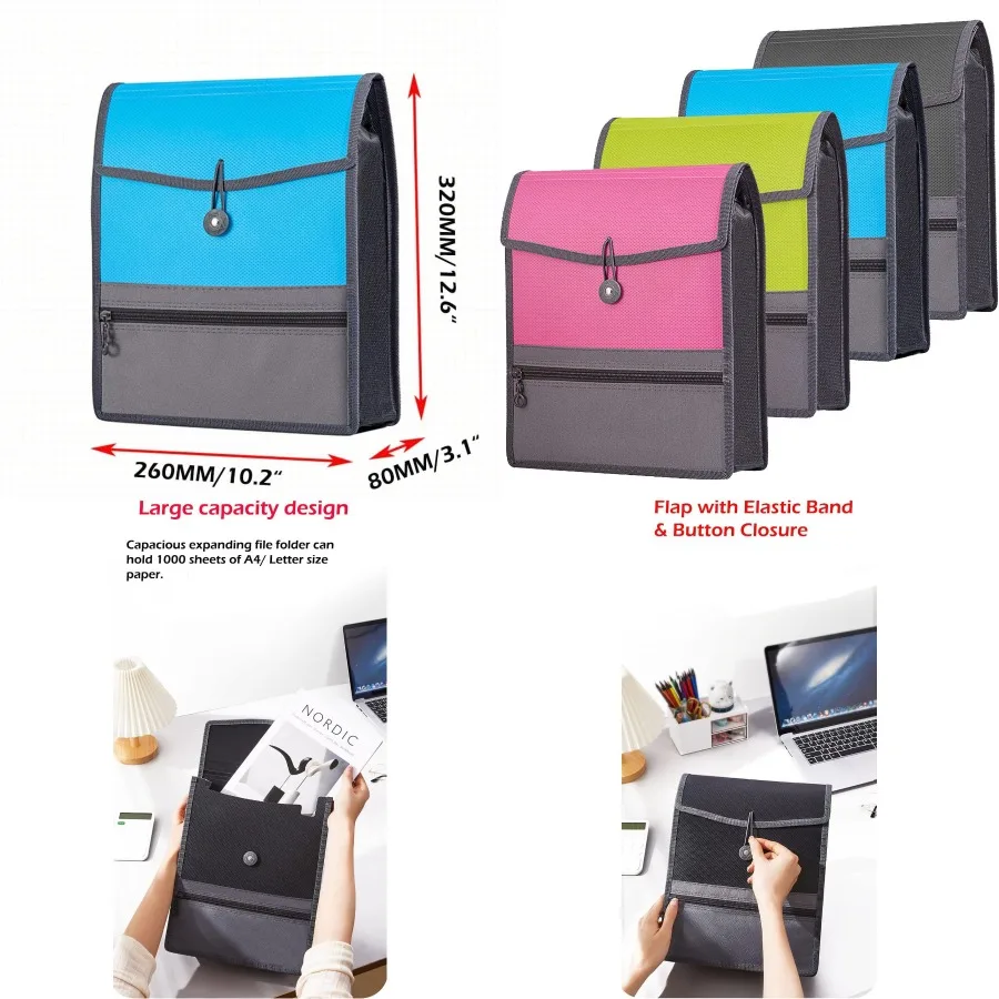 

Expanding File Folder Document Organizer with Elastic Cord and Button Closure for Home School Office Organization 3.5 Expansion