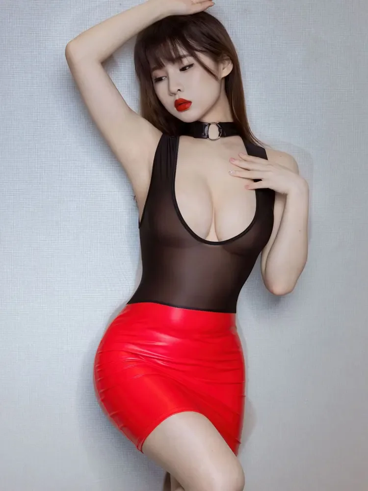 Vestido tubo de retales de malla transparente de PU para mujer, Sexy, de doble uso, cuello alto, ultracorto, envoltura de cadera, ropa ajustada para discoteca nocturna