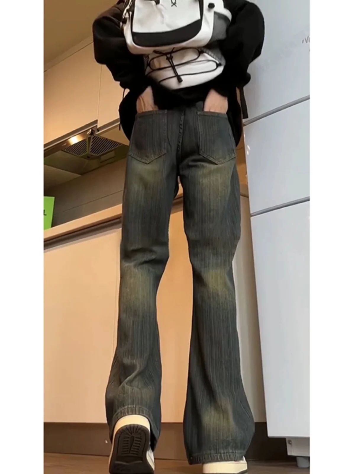 

Retro American Sle Men's Spring Autumn Cotton Denim Jeans mid Low Waist Straight Leg Tube Length Wear Resistant
