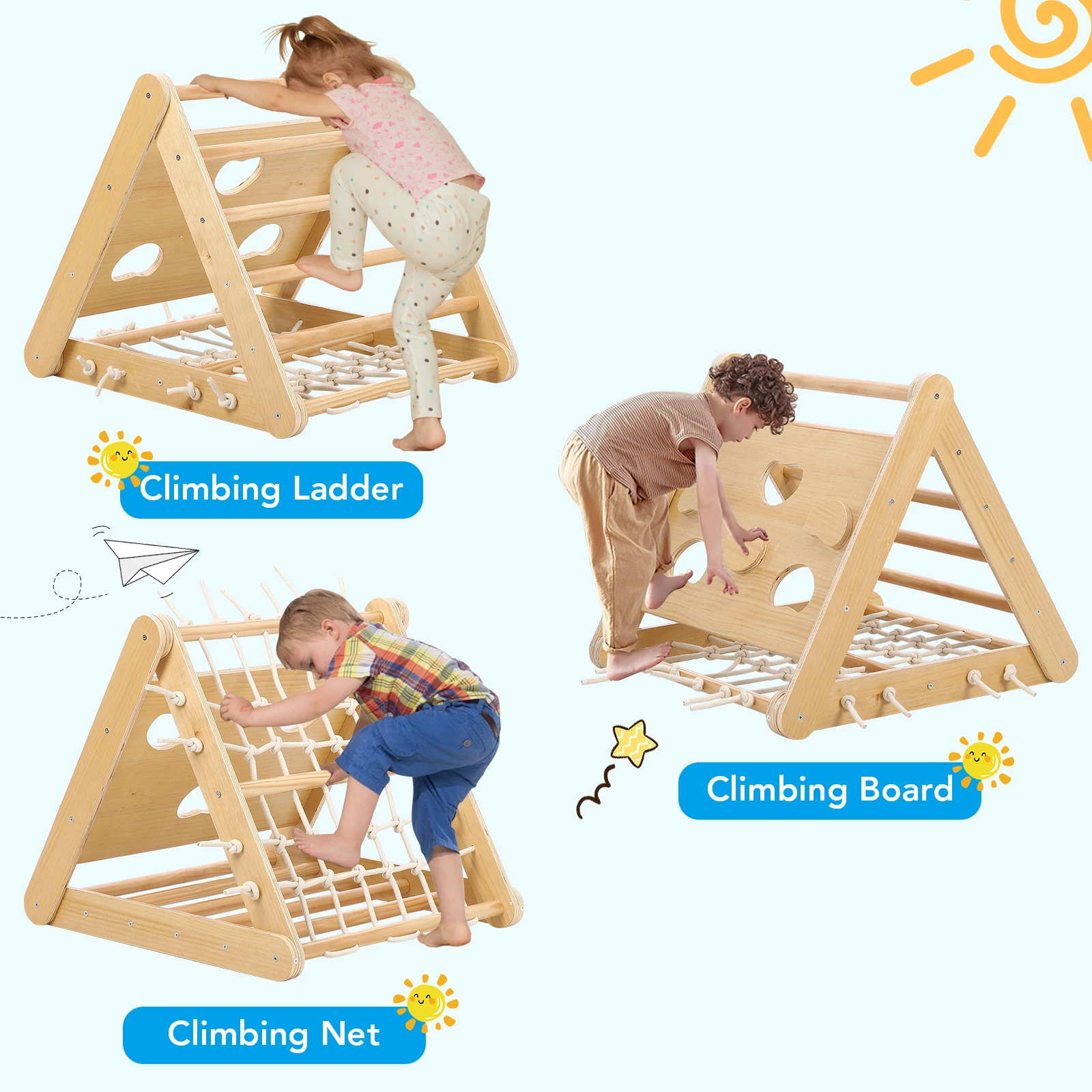 Indoor-Fitness-Spielset für Kleinkinder, 3-in1-Holz-Kletterspielzeug, 3-seitiger Holz-Dreiecks kletterer mit Klettern etz, Schiebe rampe, Sandsäcke