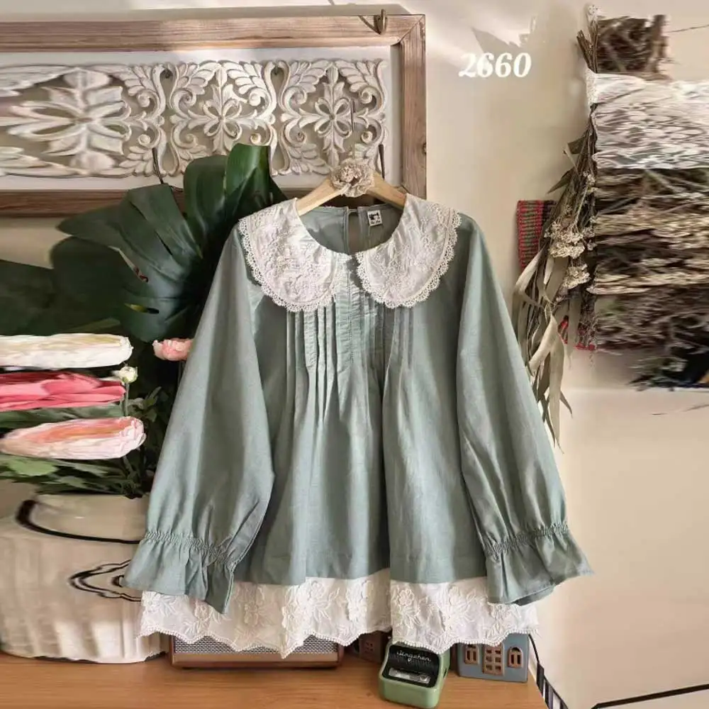 

Women Mori Kei Cloth Vintage Floral Print Lace Patchwork Cotton Shirts Spring Autumn Peter Pan Collar Long Sleeve Casual Blouse
