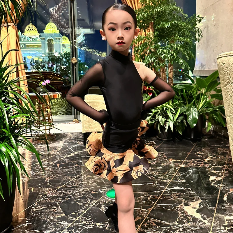 Customized Latin Dance Suit Practice Dress Girls' Professional Competition Performance Dress Black Mesh Printed Skirt Top Set