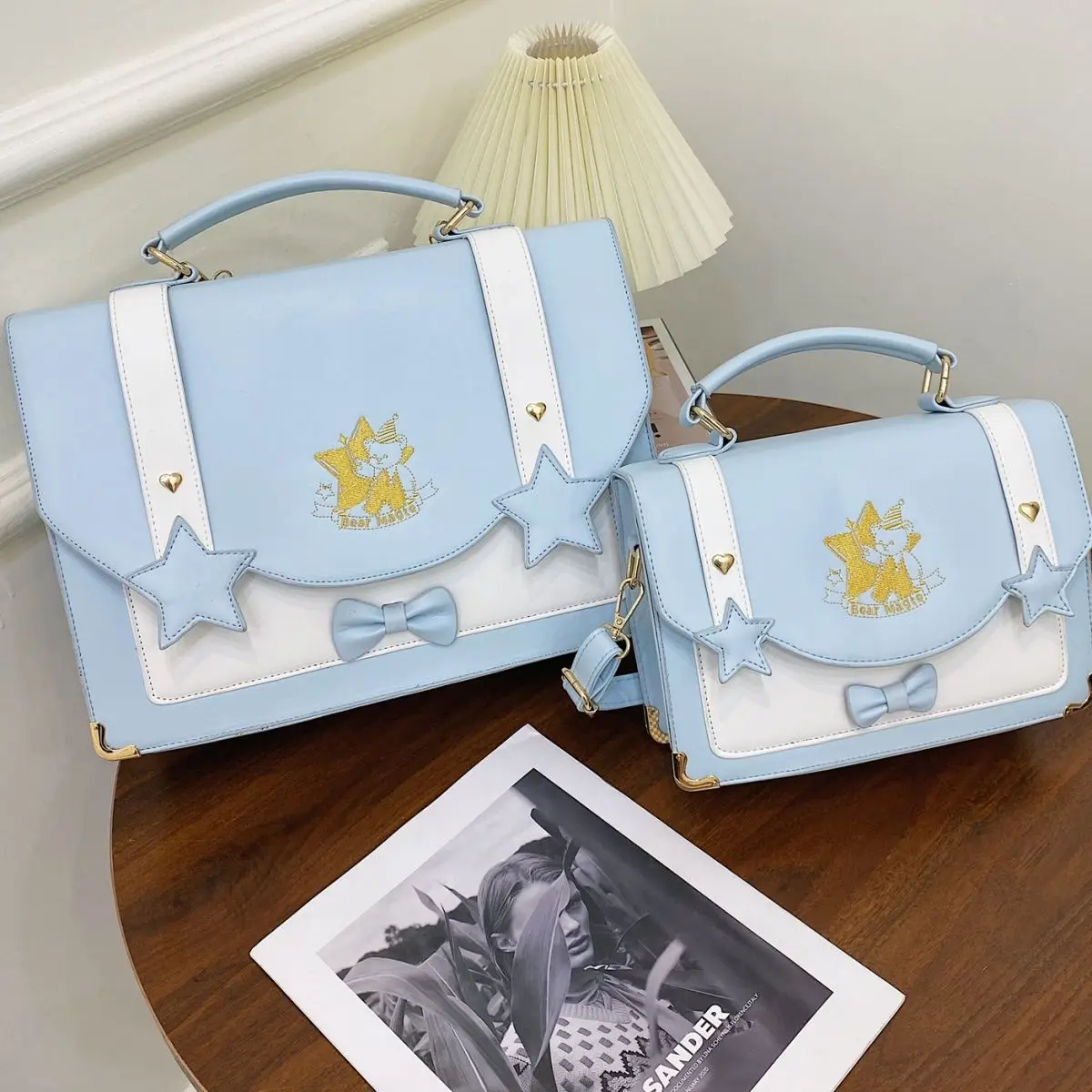 Japanese Sweet Cute Bow Messenger Bag Women Embroidered Bear Large Capacity Handbag Ladies Preppy Style JK Student Backpack 2025