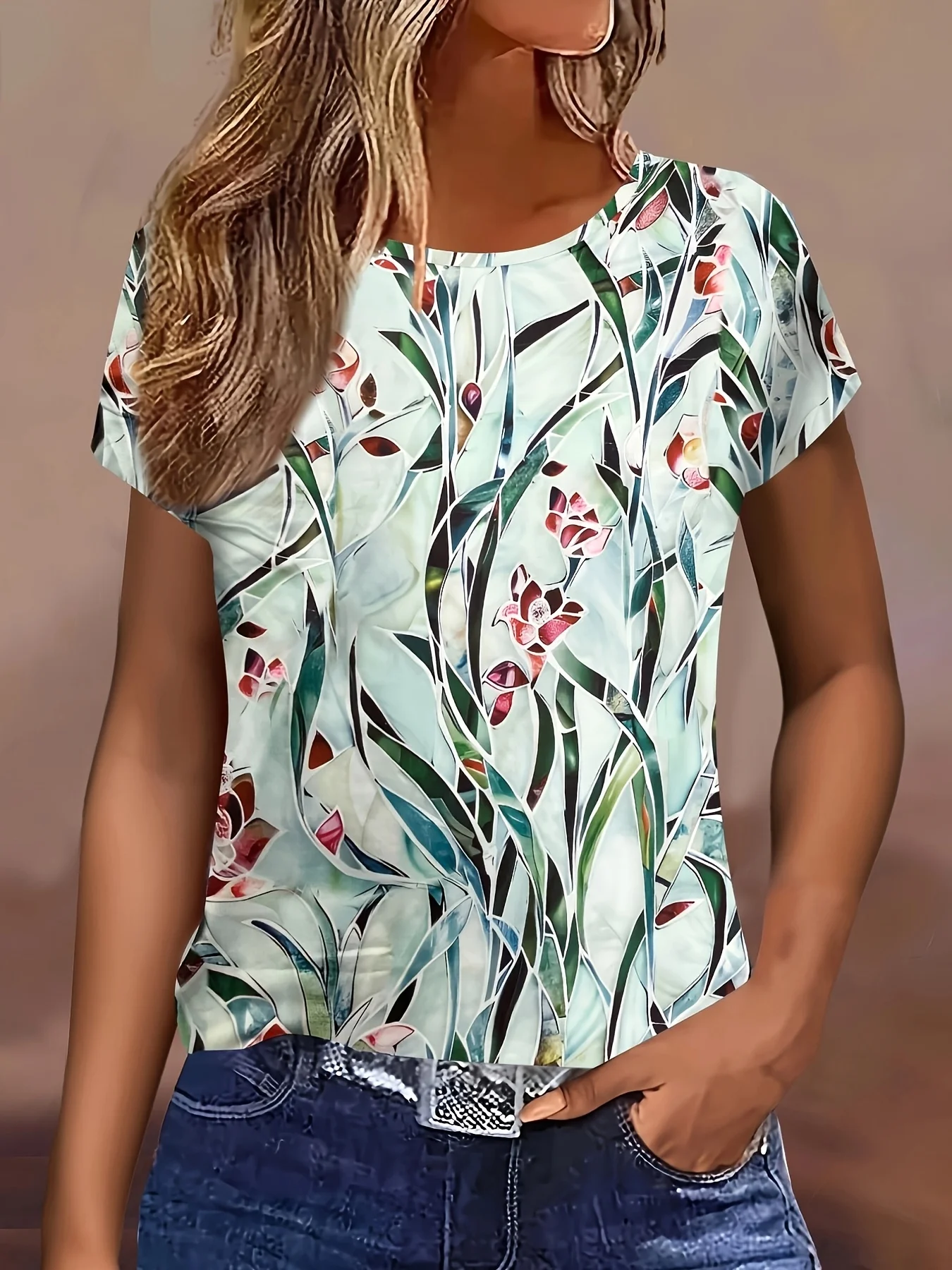 Mint Stained Glass Floral Women's Tee - Delicate Flower & Leaf Graphic, Elegant Botanical Print Design for Casual Daily Wear