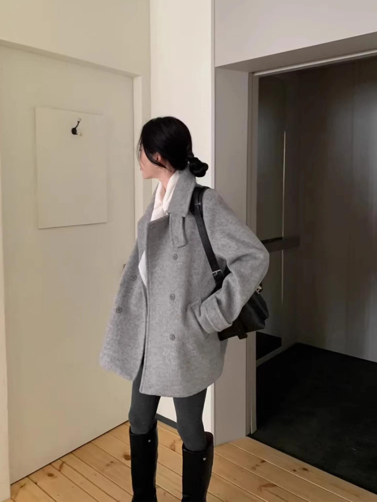 

Ele Double-Breasted Color Cotton Woolen Coat Women's Loose Midi Length Woolen Coat Korean Sle Long Sve Coat