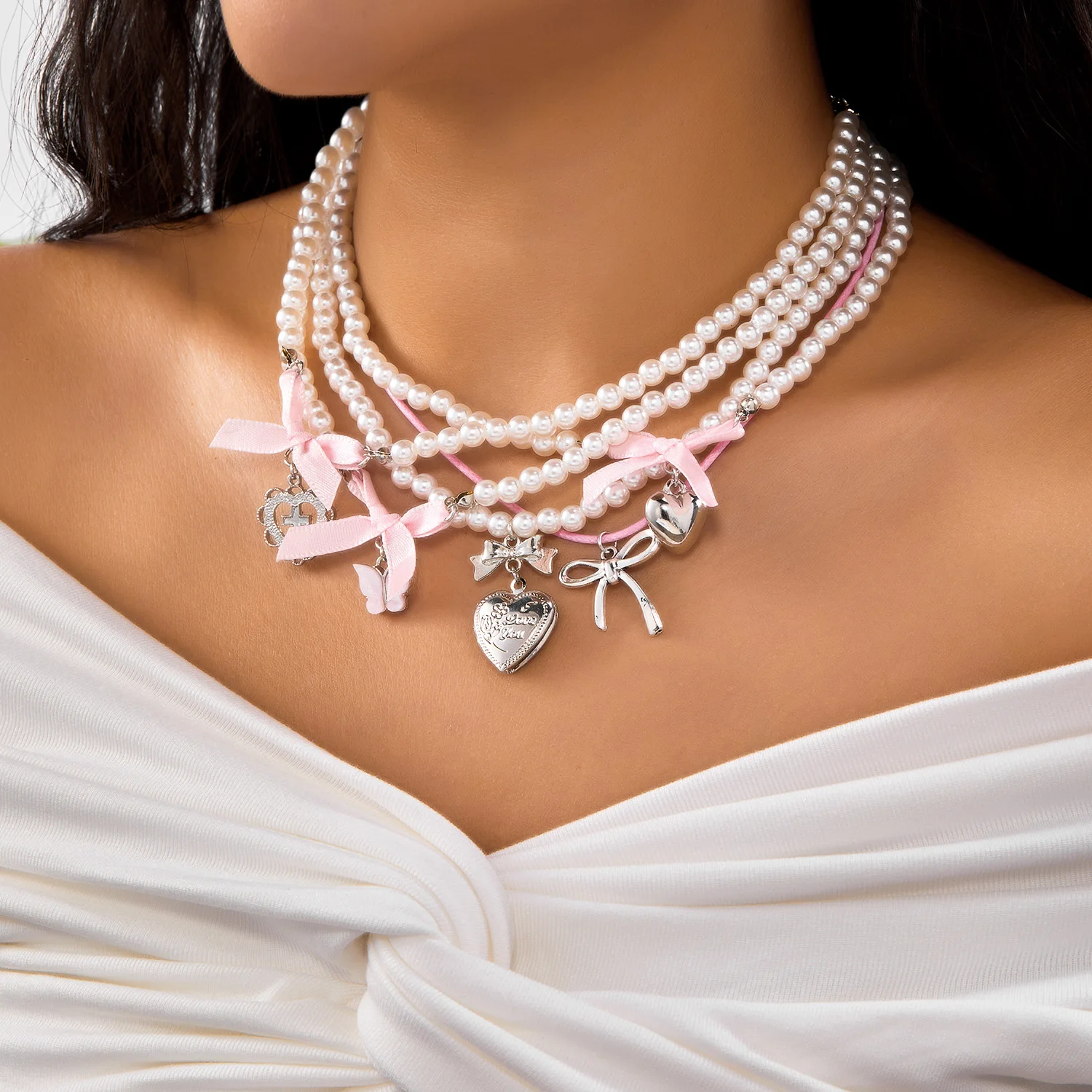 Romantische süße rosa Schleife Liebe Herz Anhänger Halskette Set für Frauen einfache handgemachte mehrschichtige Perlen Halskette Party Schmuck – Detail 5