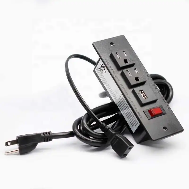 

Hotel Desk Conference Furniture Recessed Meter 16AWG Power Strip Socket AC Outlet With 2 USB Ports Circuit Breaker Switch