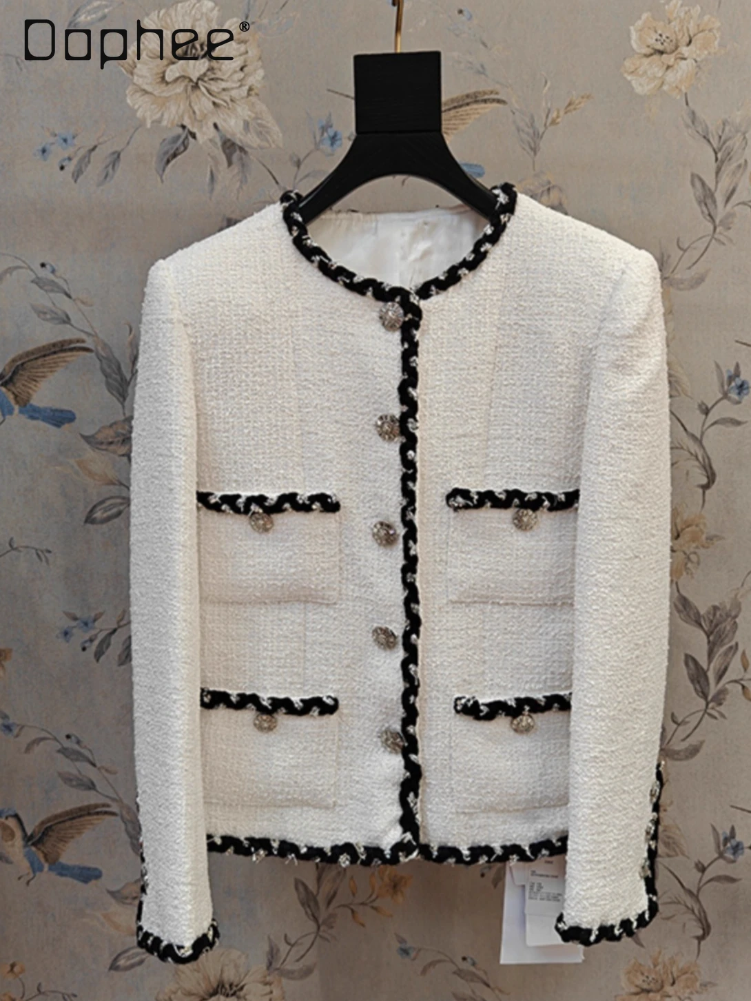 

Белое светское твидовое пальто в классическом стиле с цветными блоками, элитное роскошное однобортное свободное утягивающее пальто с круглым вырезом для женщин