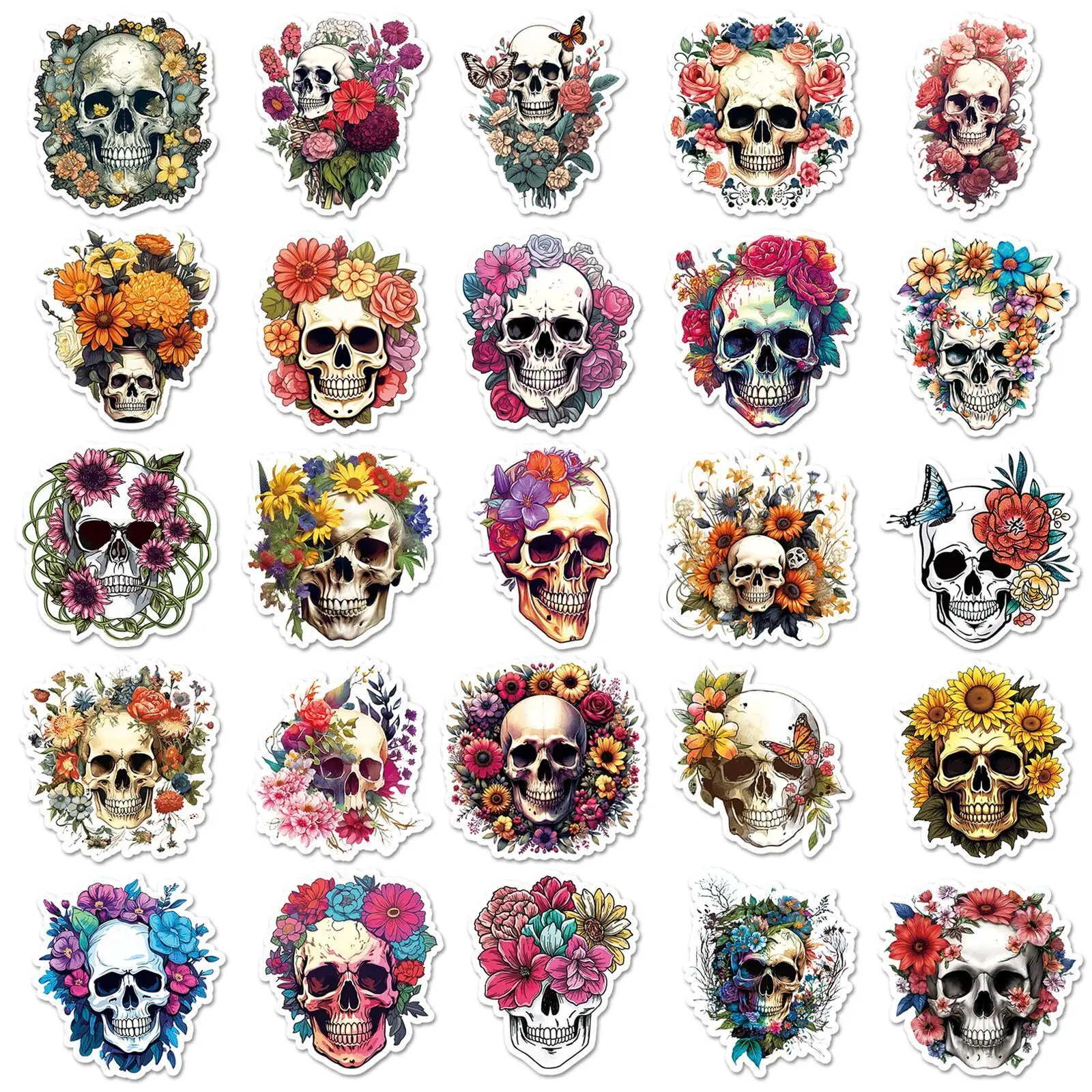 10/50pcs Punk Style Skull Flowers Stickers Aesthetic Graffiti Decals For Fidge Motorcycle Luggage PVC Waterproof Cool Sticker