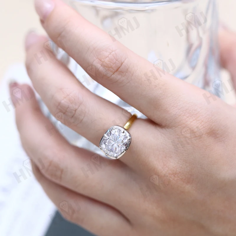 Anillos personalizados 5CT D Color hielo triturado o cojín de corte europeo diamante moissanita S925 10K 14K 18K fiesta de compromiso boda