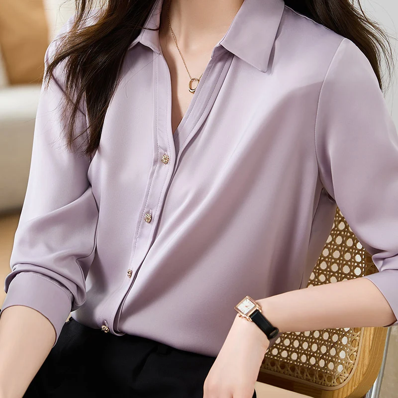 Women Fashion Solid Long Sleeve Shirts Spring Autumn Casual Loose Elegant Blouse Turn-down Collar Button Cardigan Tops