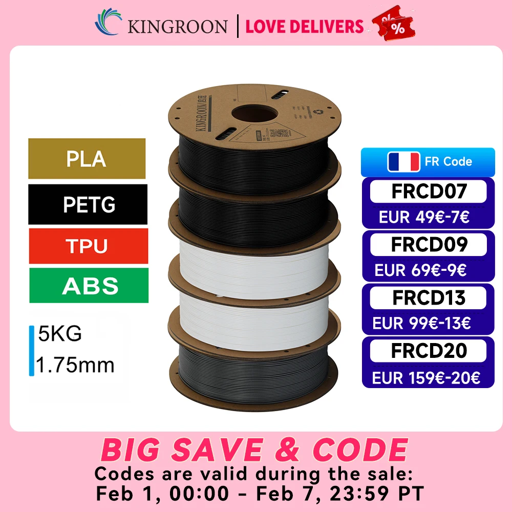 KINGROON – Filament d'imprimante 3D PLA PETG TPU ABS, lot de 5KG, noir, blanc, gris, 1.75mm, sans bulles, plastique, 5 rouleaux de 1kg, bobine aléatoire