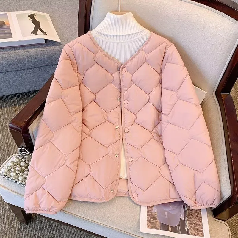 女性秋冬暖かい綿ジャケット軽量襟なしソフトパッド入りジャケットレディースカジュアルルーズシングルブレストキルティングコート