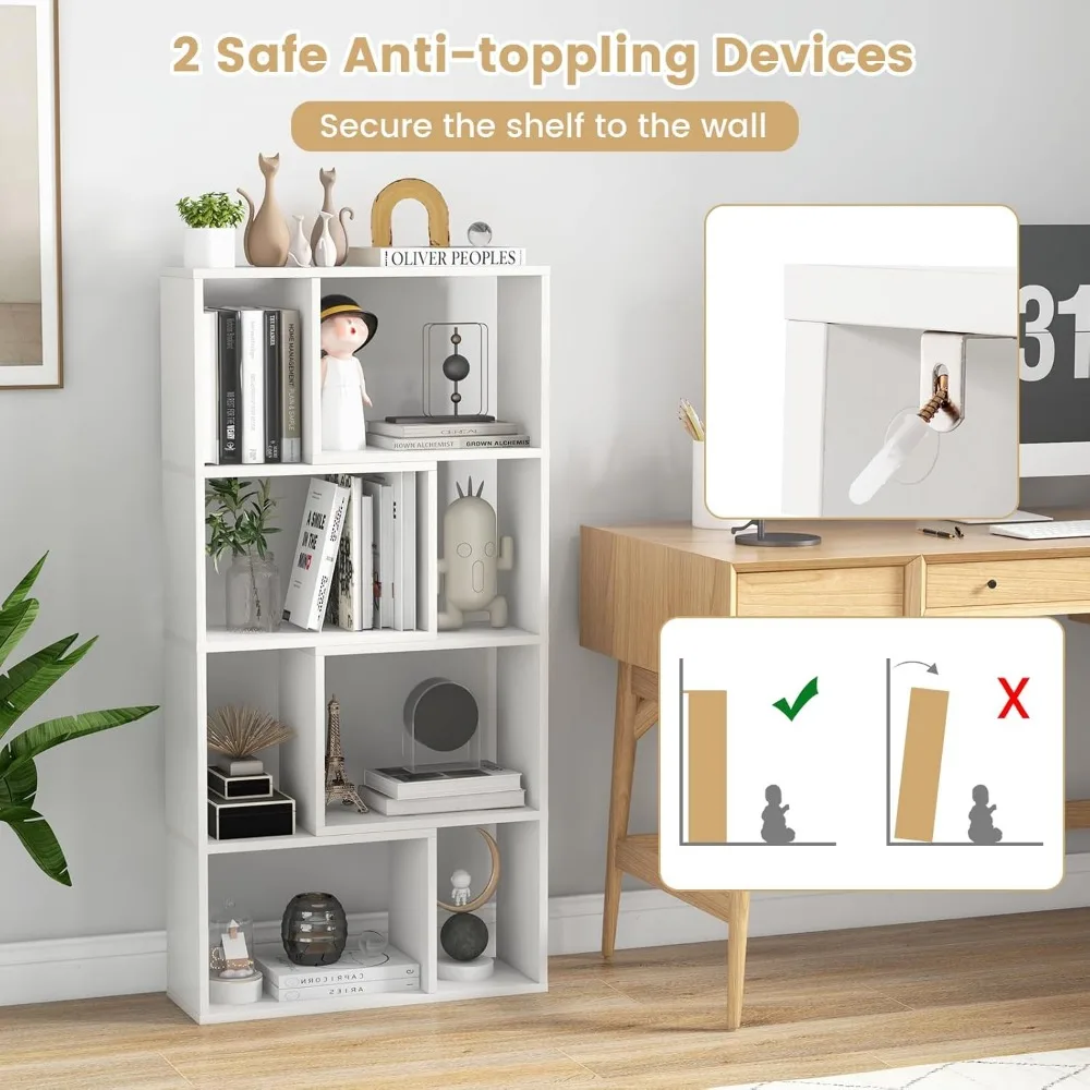 5-Shelf Geometric Bookcase, 48-Inch Tall, 8-Cube Wooden Storage Display Shelf, Includes 2 Anti-Tip Devices