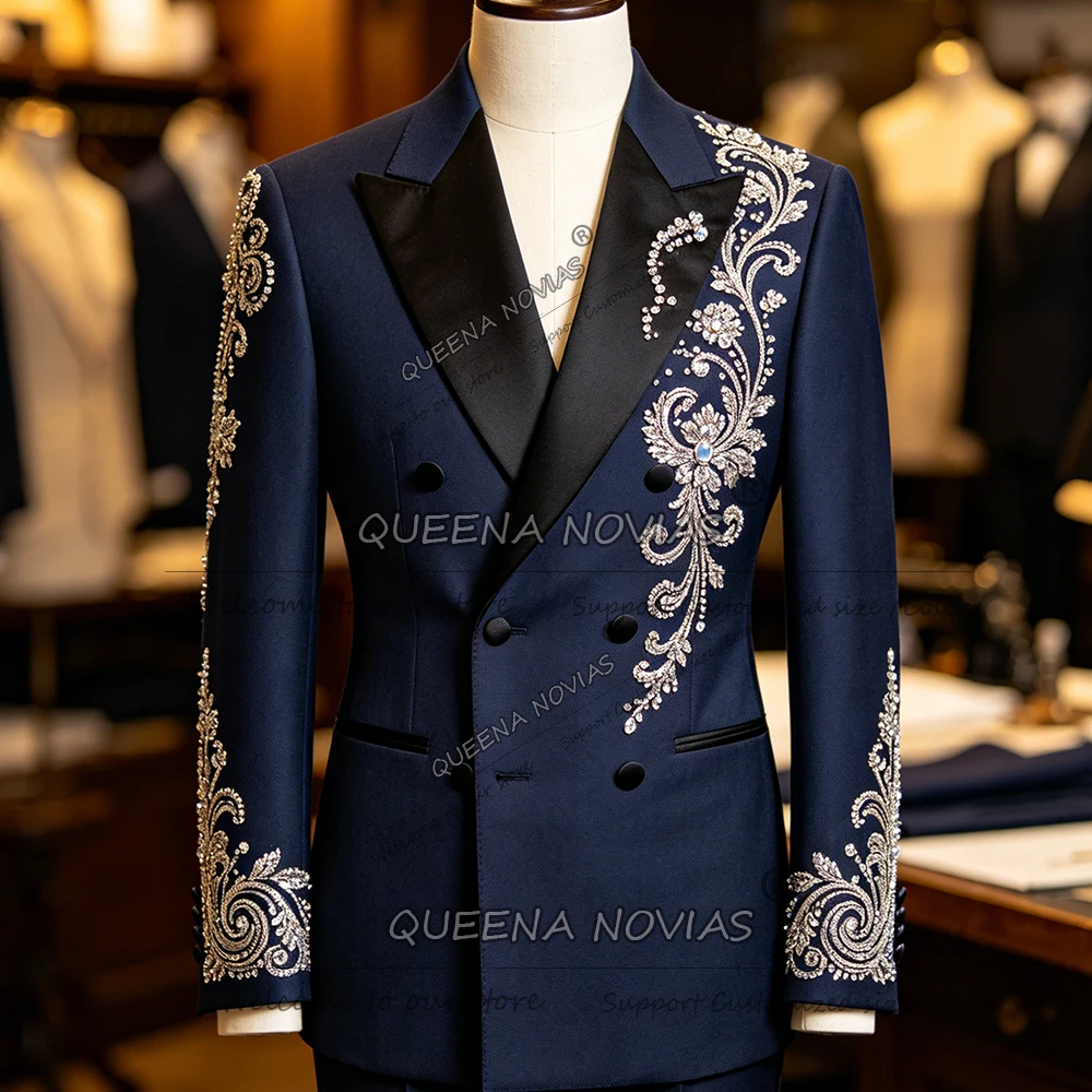 Exclusive Diamond Beaded Suit Men Formal Wear Double Breasted Jacket Pants 2 Piece Sets Black Label Groom Wedding Tuxedos 2026