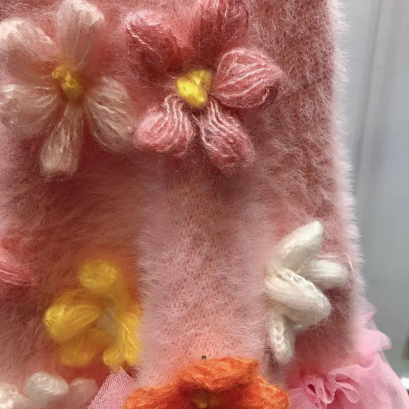 Winter 3D Flowers Crocheted Gauze Pleated Pearls Beaded Knitted Cardigan Mesh Yarn Spliced Ruffles Sweater Coat Knitwear Tops