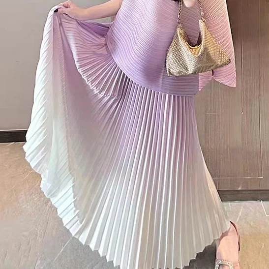 2024 Spring/Summer New Charm Purple Fold Small Fragrant Style Set Skirt Women's Fold Simple Sleeveless Top Skirt 2-piece Set