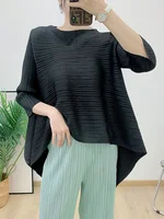 YUDX Pleated Blouse For Women 2024 New Spring O-neck Three Quarter Sleeve Solid Color Loose Casual Shirt Female Elegant - Image 3