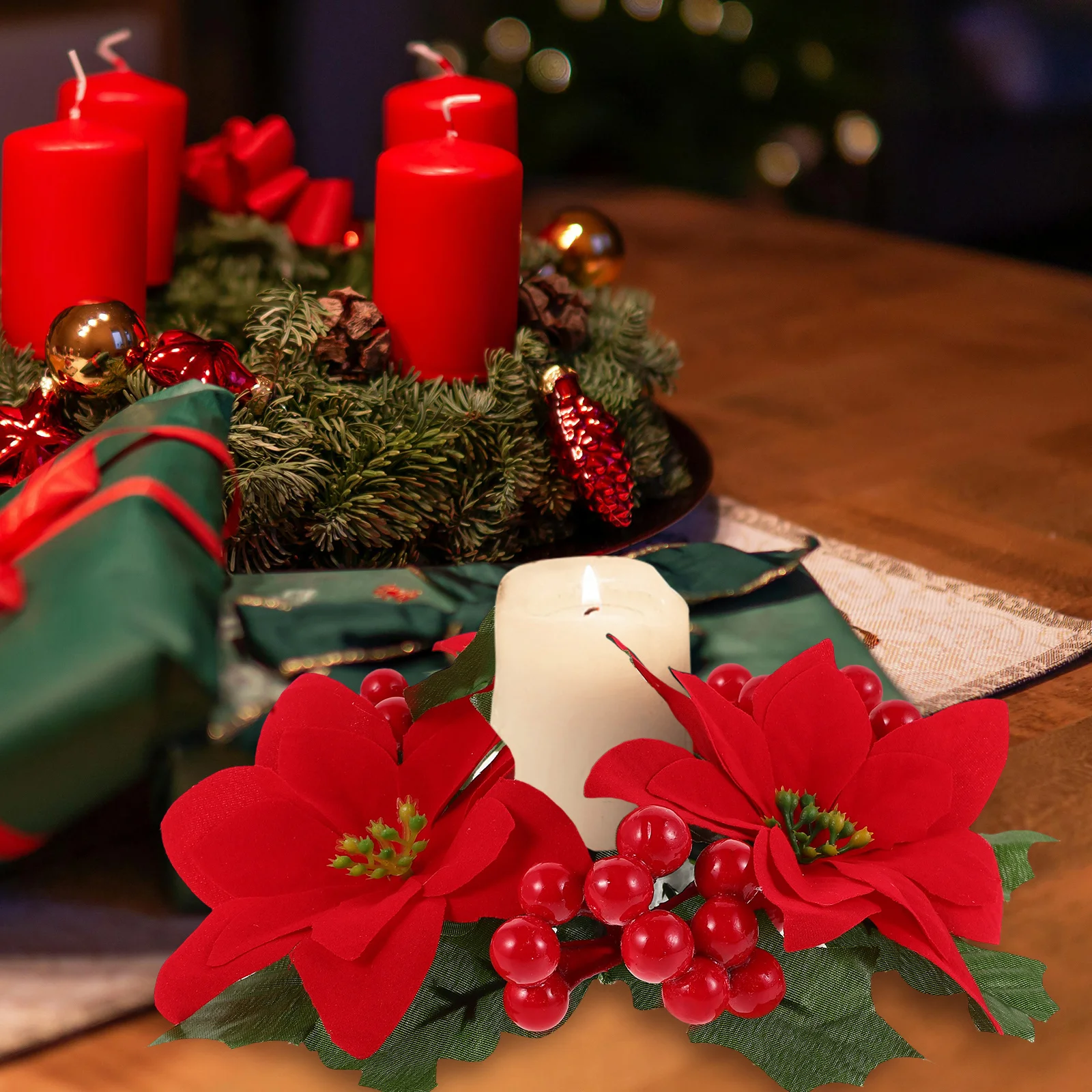 

Artificial Christmas Wreath Mini Ring Table Centerpiece Festive Home Decor Holiday Decoration Wreath for Door Wall Mantel