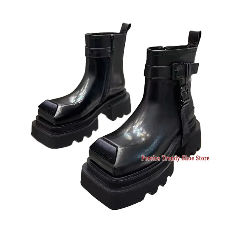 

Осенне-зимние мотоциклетные ботинки на толстой подошве для мужчин и женщин, уличный стиль, короткие ботинки на платформе с квадратным носком, модная обувь для пар