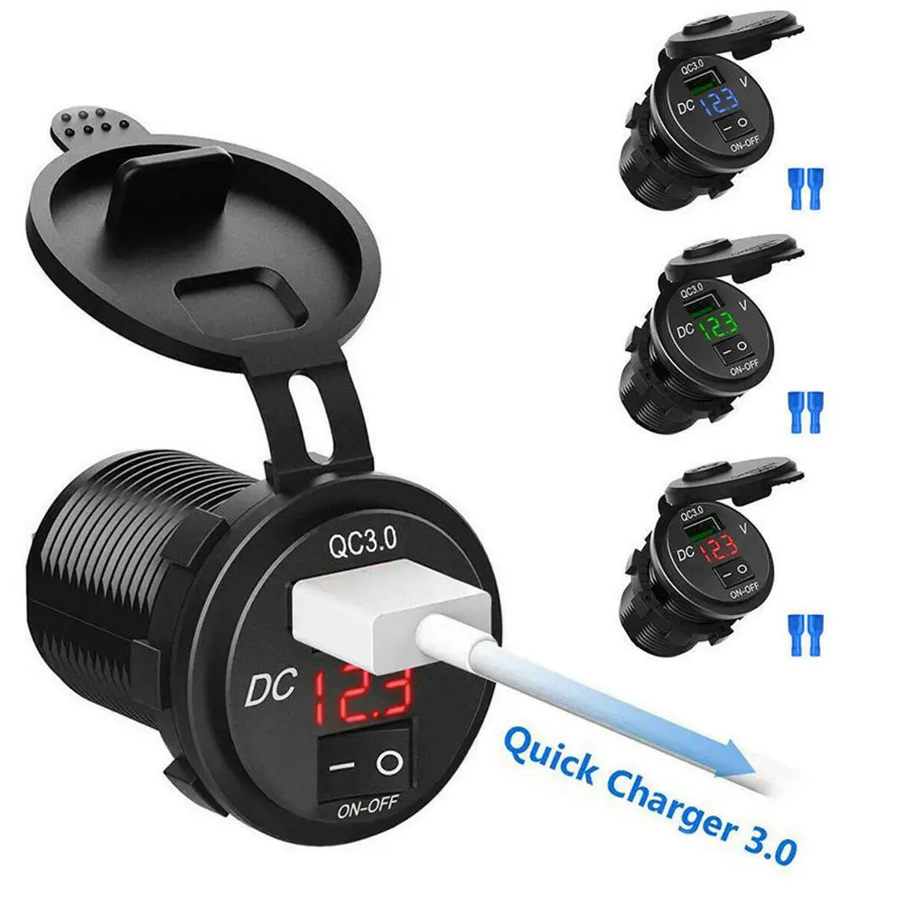 

12V/24V Car Charger Socket With ON-OFF Switch And Digital Voltmeter Display QC 3.0 USB Fast Charging Adapter For Car Motorc E3B5