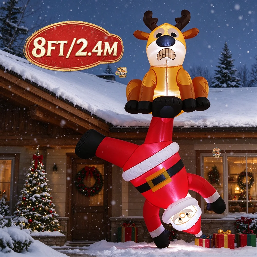 8FT Christmas Inflatable Model Outdoor Decoration Hanging Santa Claus Reindeer Holiday Decor with LEDs Prop for Home Porch Roof