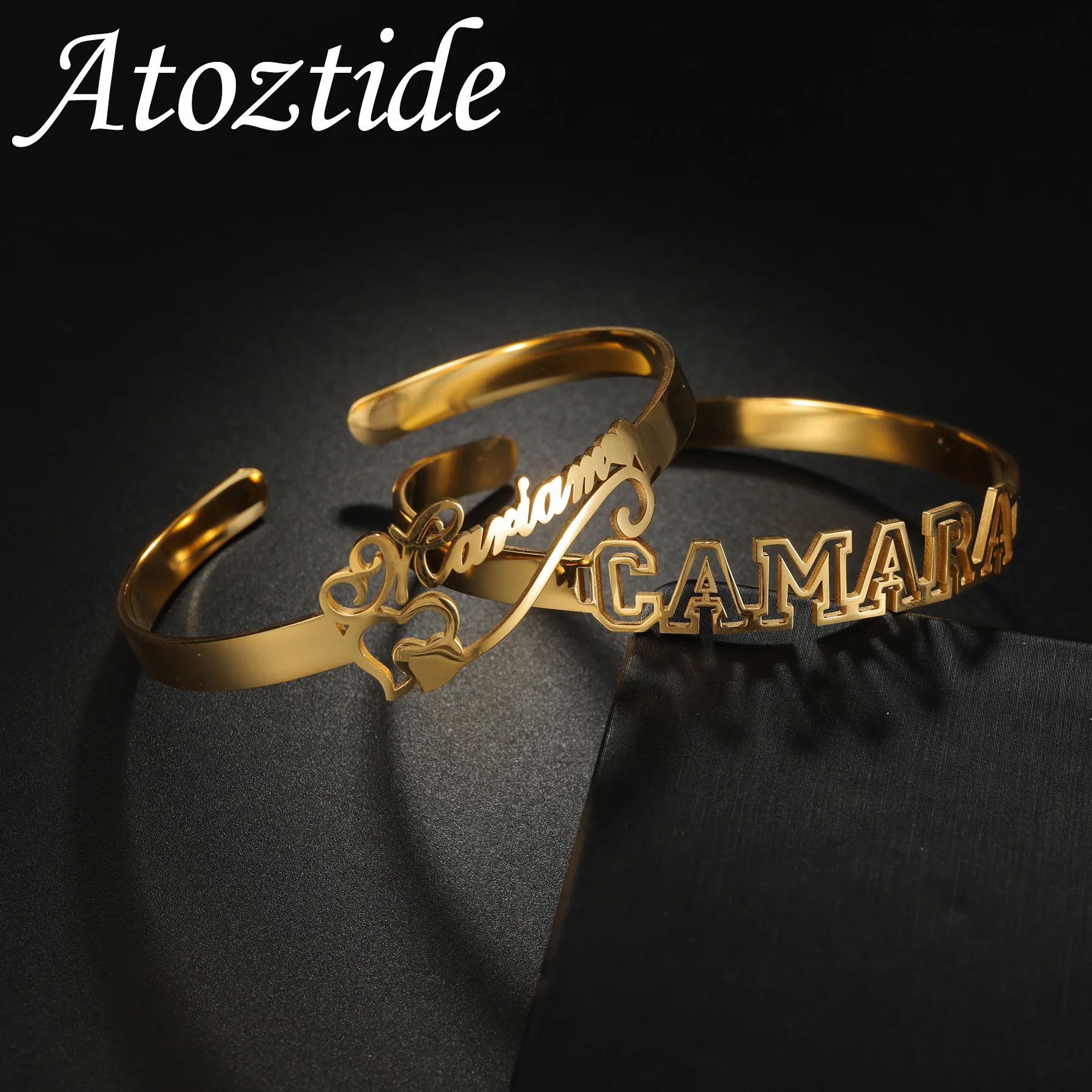 

Atoztide Custom Name Bracelet for Women Men Stainless Steel Jewelry Personalized Hollow Letter Bangles Woman Kids Chrismas Gift