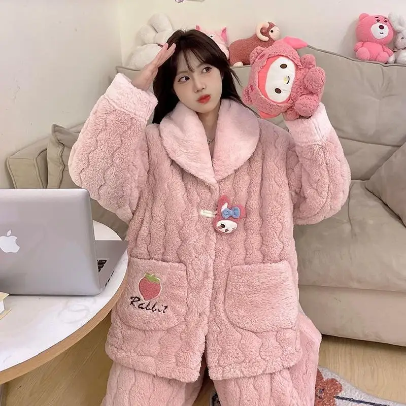 Sanrio Flannel Flip Collar Thickening Three Layer Cotton Pajama Set Kawaii My Melody Comic Girl Winter Keep Warm Home Clothes