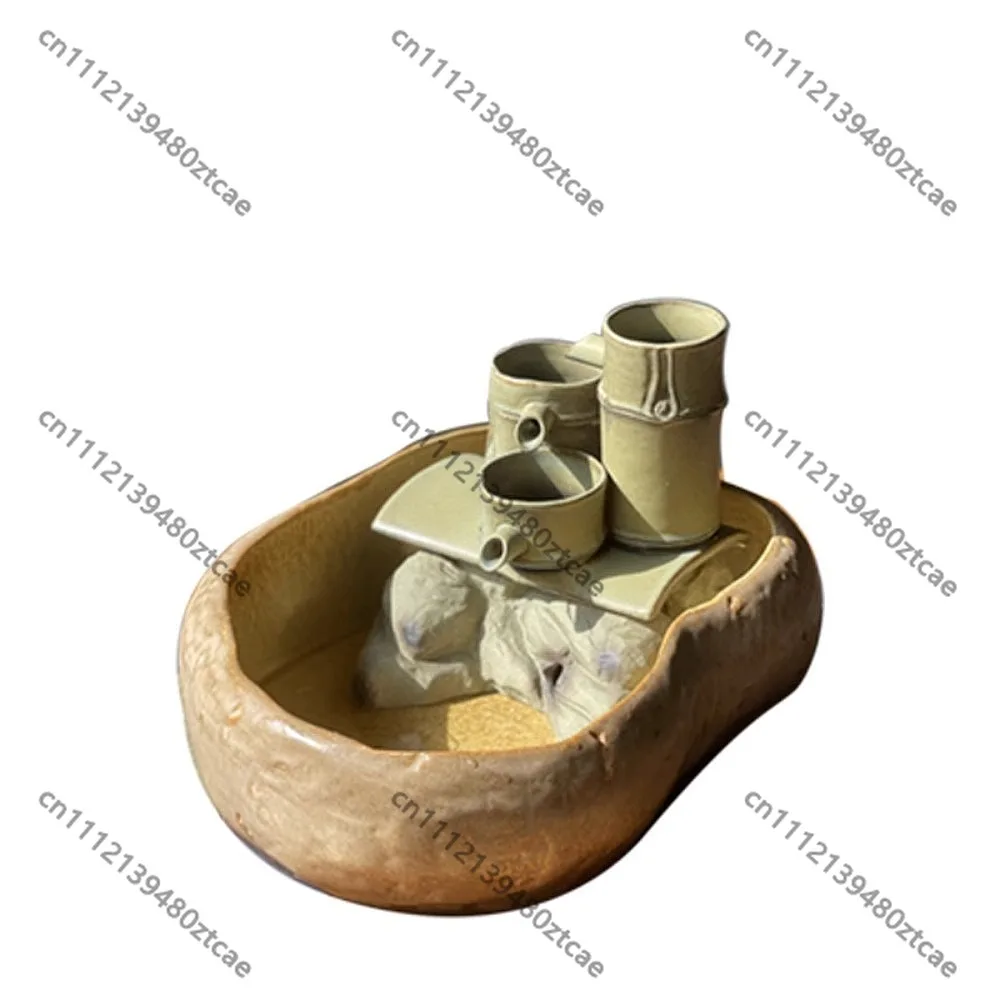 Ceramic Desktop Fish Tank Wabi Style Sandy Wind Eco Aquarium for Small Fish