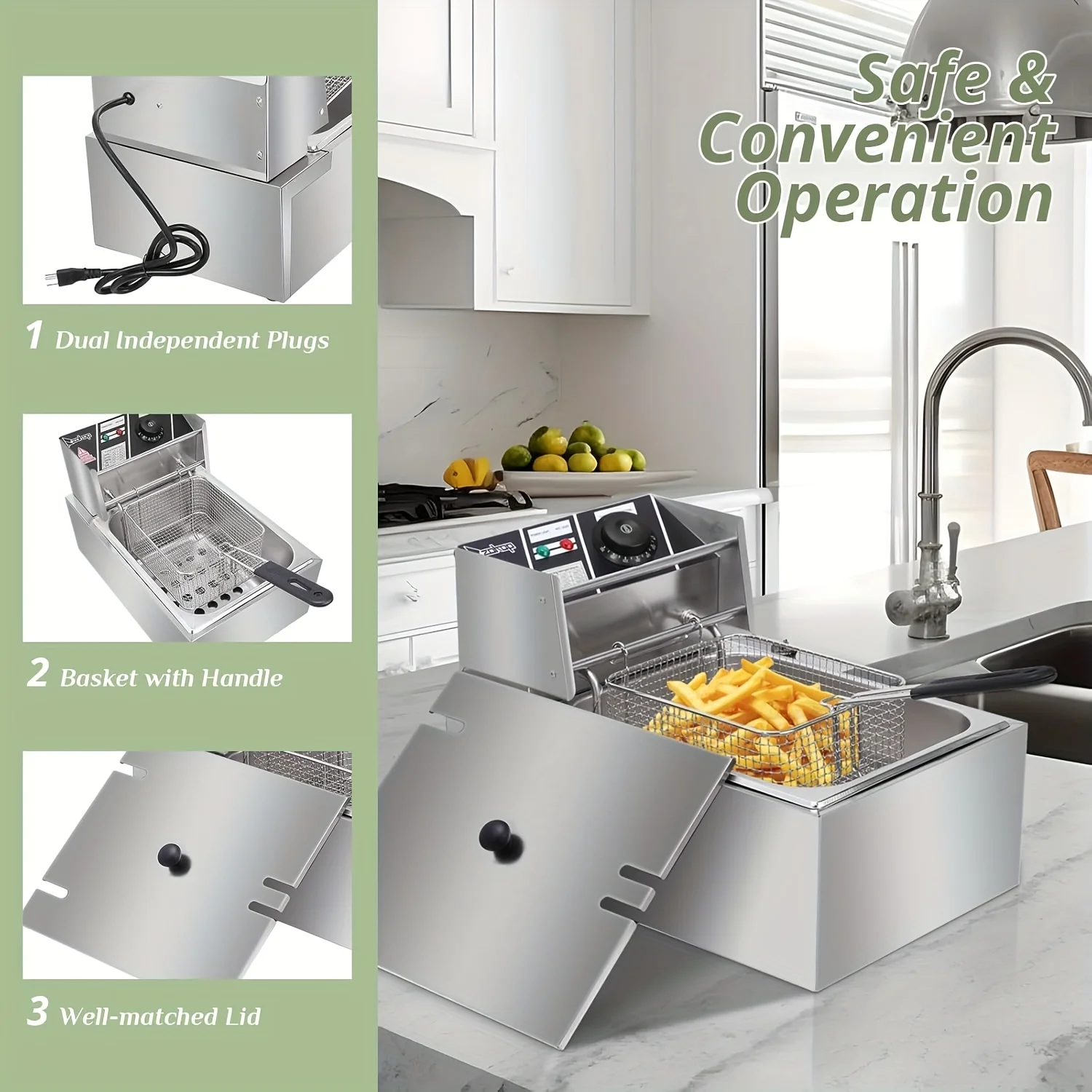 

10QT 2.64gal Stainless Steel Electric Deep Fryer Featuring Baskets And Lids, Countertop Frying Machine with Temperature Control, Suitable for Both for Home And Commercial Use, 2500W 60Hz 110V