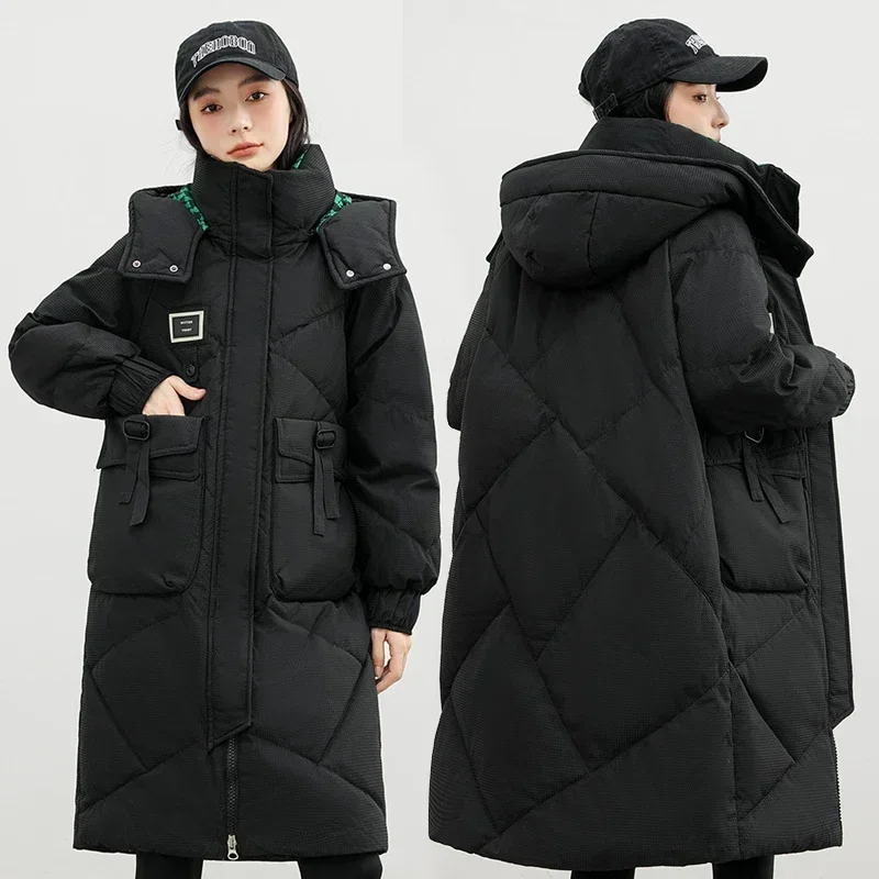 Women's Solid Color Big Pocket Hooded Parkas Jackets Casual Medium Long Parka OverSize Winter Rhombic Lattice Loose Parkas Coat