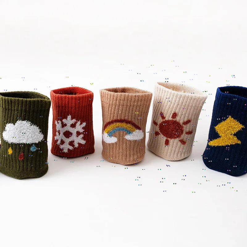 Women Socks Cotton Female Autumn Winter Weather Harajuku Sweet Sun Clouds Snowflakes Rainbow Lightning Print Calcetines Mujer