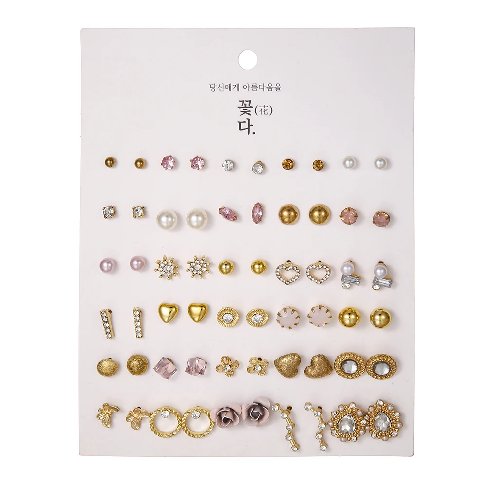 30 Pairs Set Mixed Stud Earrings Sets Small Cute Korean Style Student Temperament Earrings For Women Girly Ear Accessories