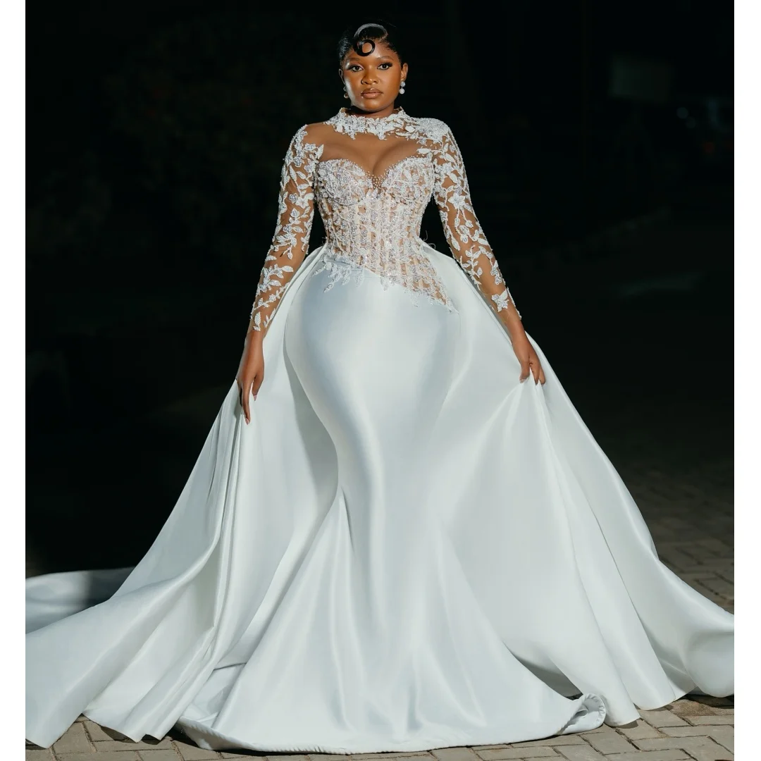 White Satin Mermaid Wedding Dresses Sweep Train Long Sleeves Lace Appliqued Bridal Gown Bustier Corset Party Dress Customized